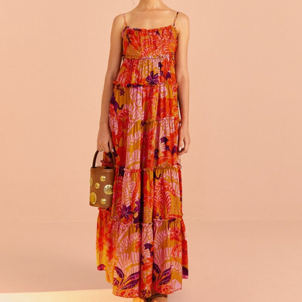 NWT Farm Rio Beige Jungle Panther Lenzing™ Ecovero™ Viscose Maxi Dress, Size L
